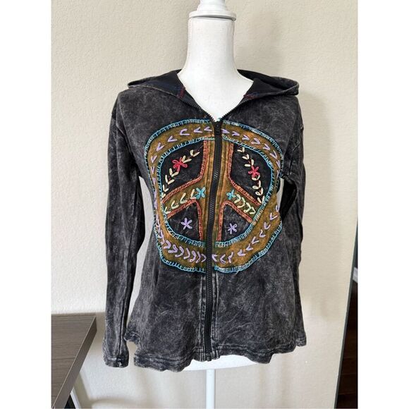 Embroidered Peace Sign Full Zip Hooded Long Sleeve Shirt Medium - Picture 2 of 5